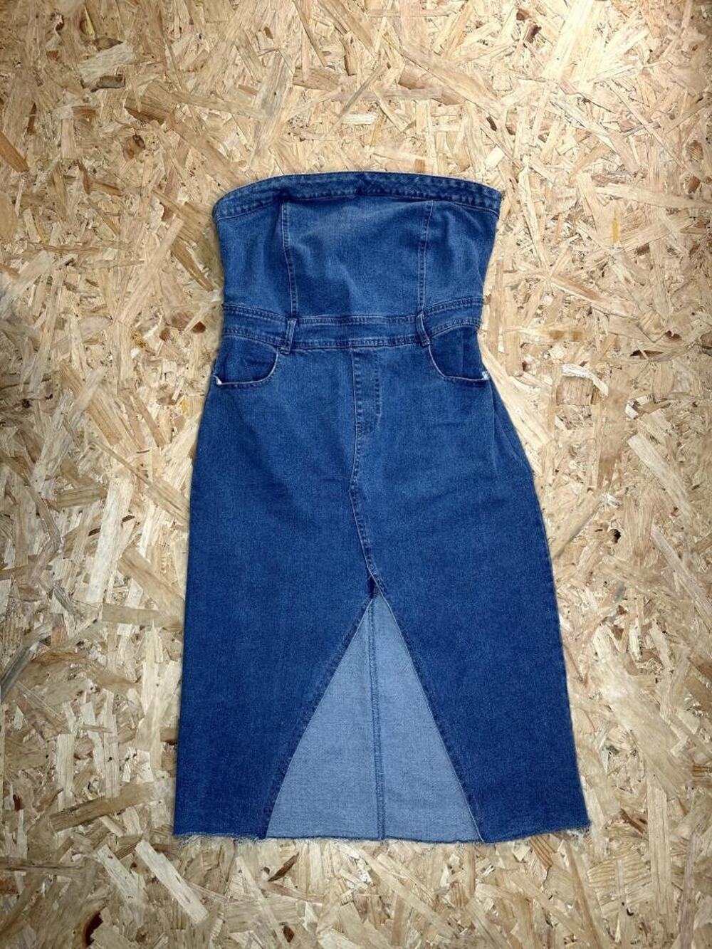 Riley & James Womens Large Blue Denim Strapless Midi Dress Raw Hem Front Slit